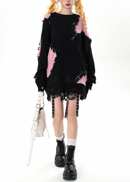 Black Tasseled Patchwork Hole Cozy Sweater Winter