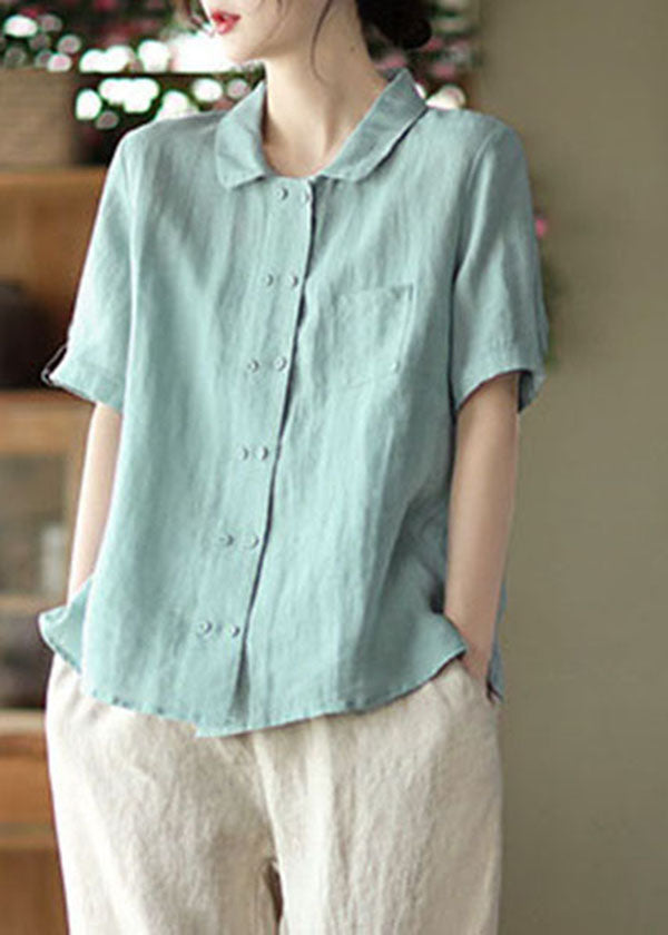 Light Blue Double Breast Linen Shirt Tops Short Sleeve