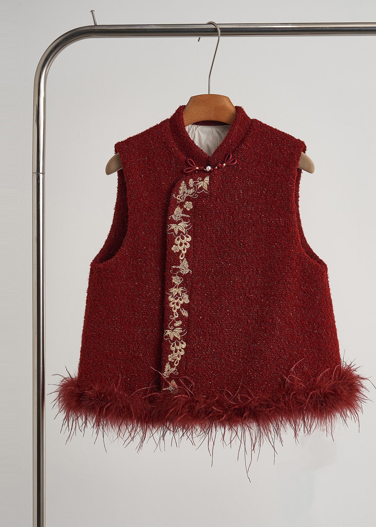 Retro Red Embroidered Patchwork Faux Fur Vests Fall