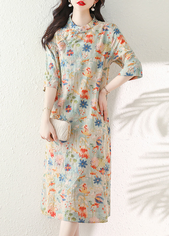 Stand Collar Print Chinese Button Cotton Dress Summer
