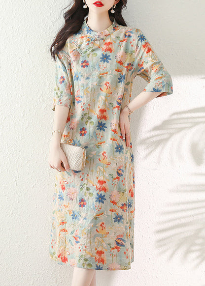 Stand Collar Print Chinese Button Cotton Dress Summer
