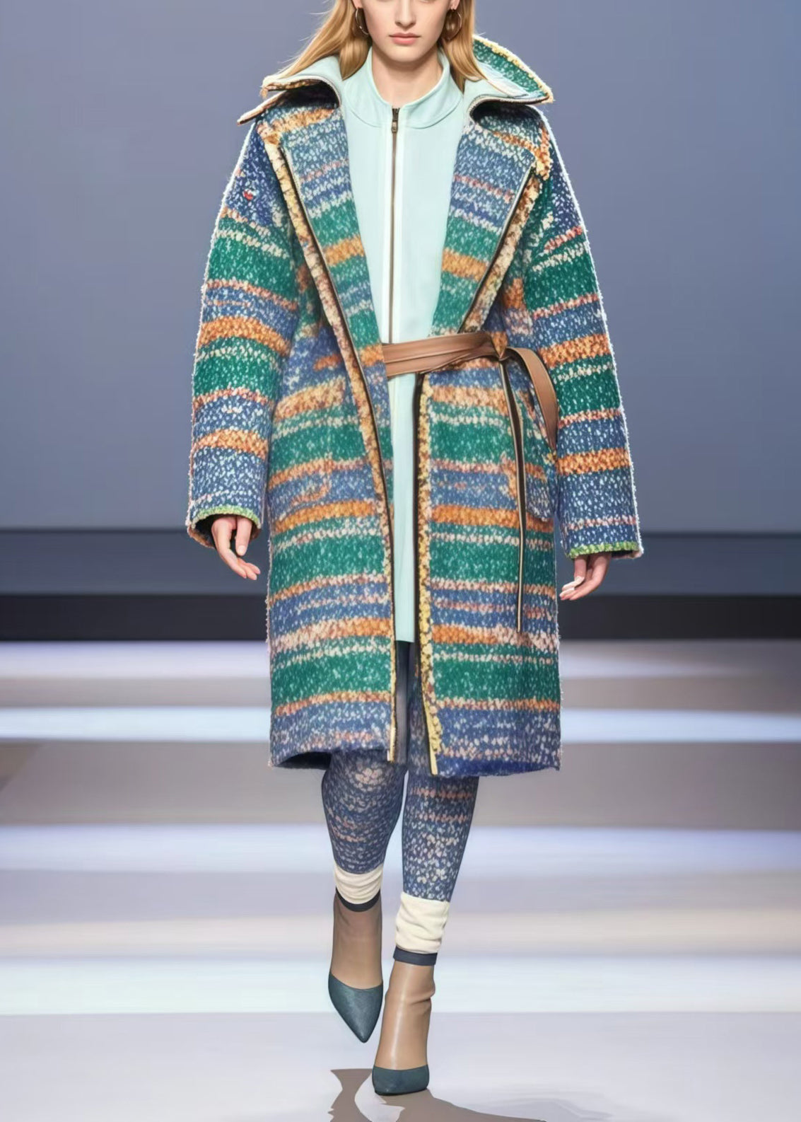 Colorblock Oversized Striped Woolen Trench Fall