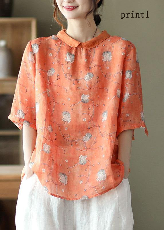 Diy Orange Print3 Ramie Half Sleeve Shirt Summer