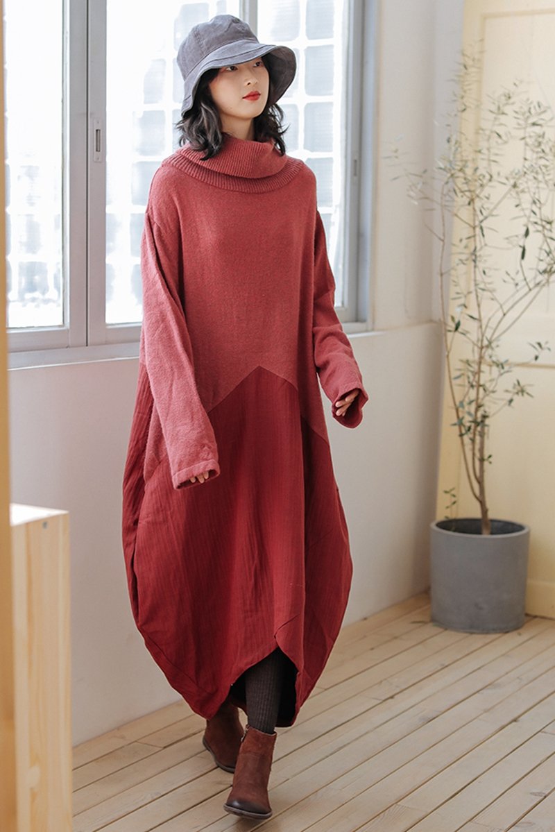 Wool Patchwork Turtleneck Sweater Dress