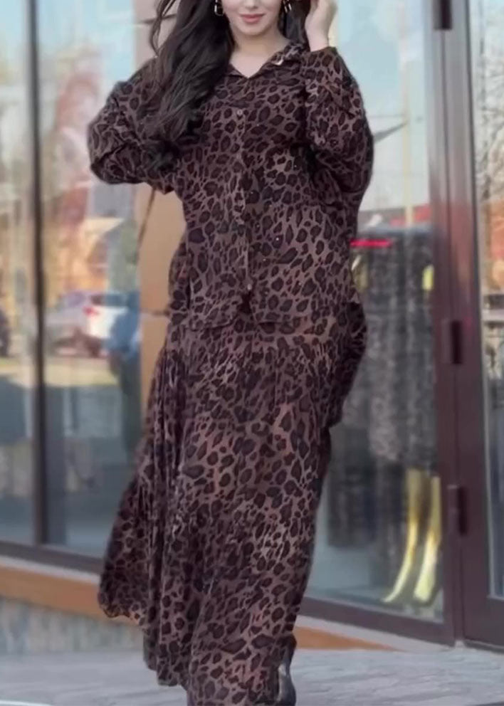Leopard Hooded Shirts and Skirts Cotton Two Piece Set Spring
