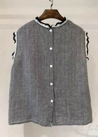 Back Button Down Patchwork Lace Linen Tops Sleeveless