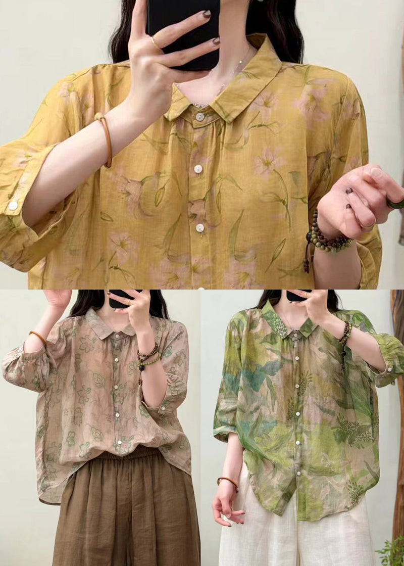 Art Khaki Oversized Print Linen Loose Shirts Summer