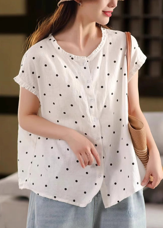 White Button Print Linen Summer Shirt Ruffled