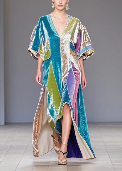 Colorblock Asymmetrical Side Open Silk Velvet Long Dress Fall