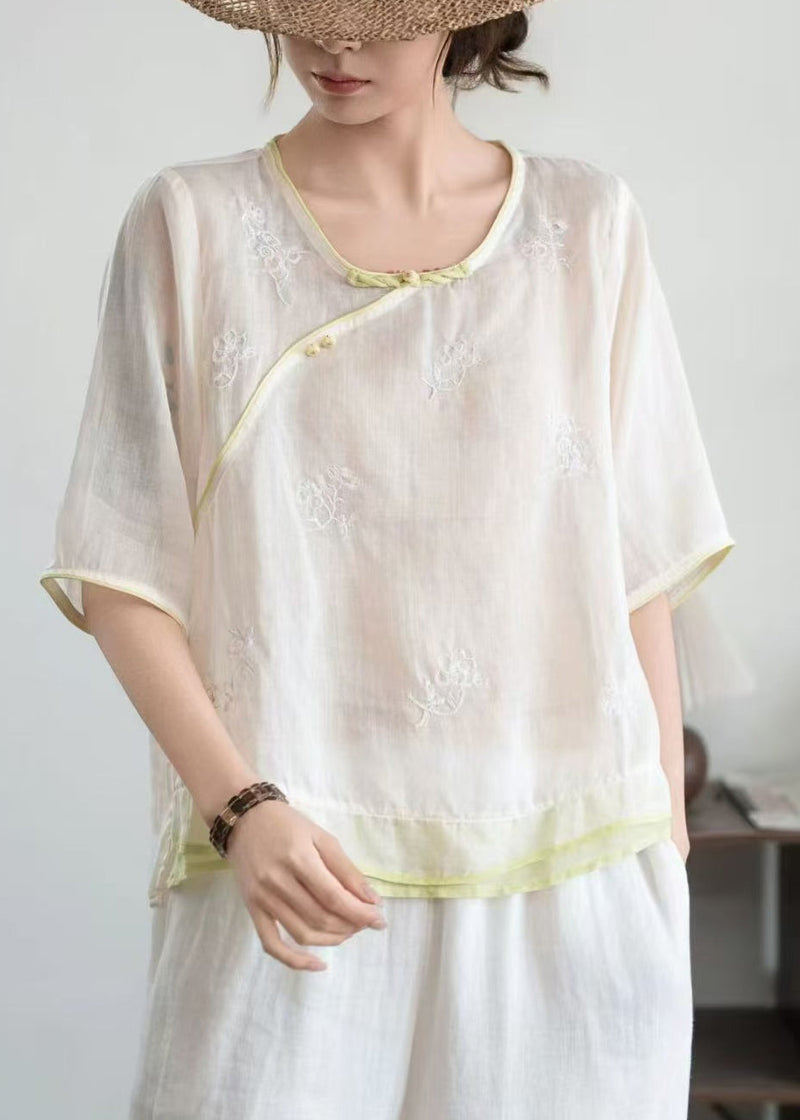 Beige Embroidered Patchwork Linen Oriental Shirt Summer