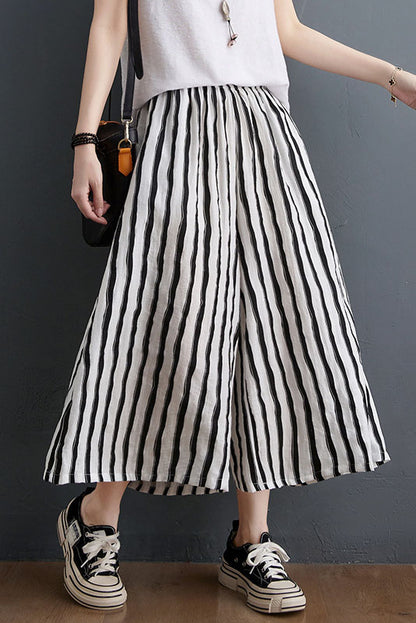 Summer Vertical Stripes Tencel Cotton Wide-leg Cropped Trousers