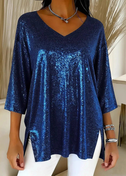 French Blue V Neck Side Open Polyester Blouse Tops Spring