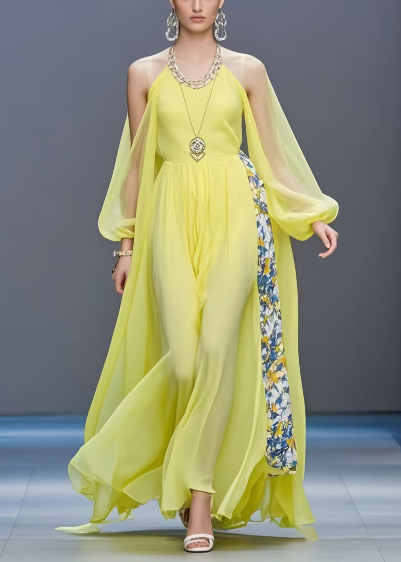 Yellow Cold Shoulder Patchwork Chiffon Long Dress Summer