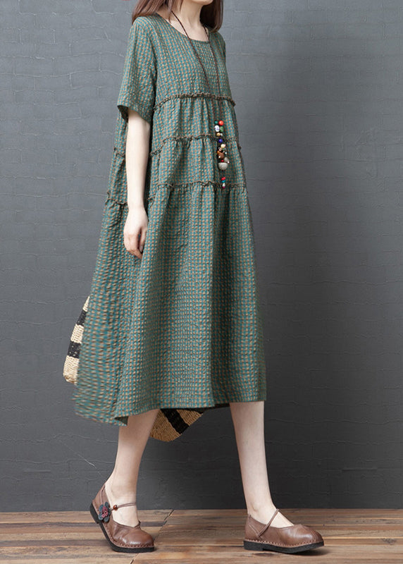 Green Plaid O-neck Wrinkled Patchwork Linen Party Dress Short Sleeve