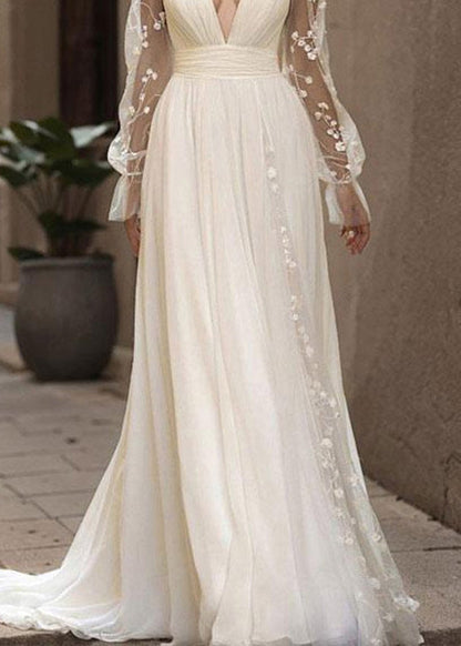 French White V Neck Backless Chiffon Robe Dresses Summer