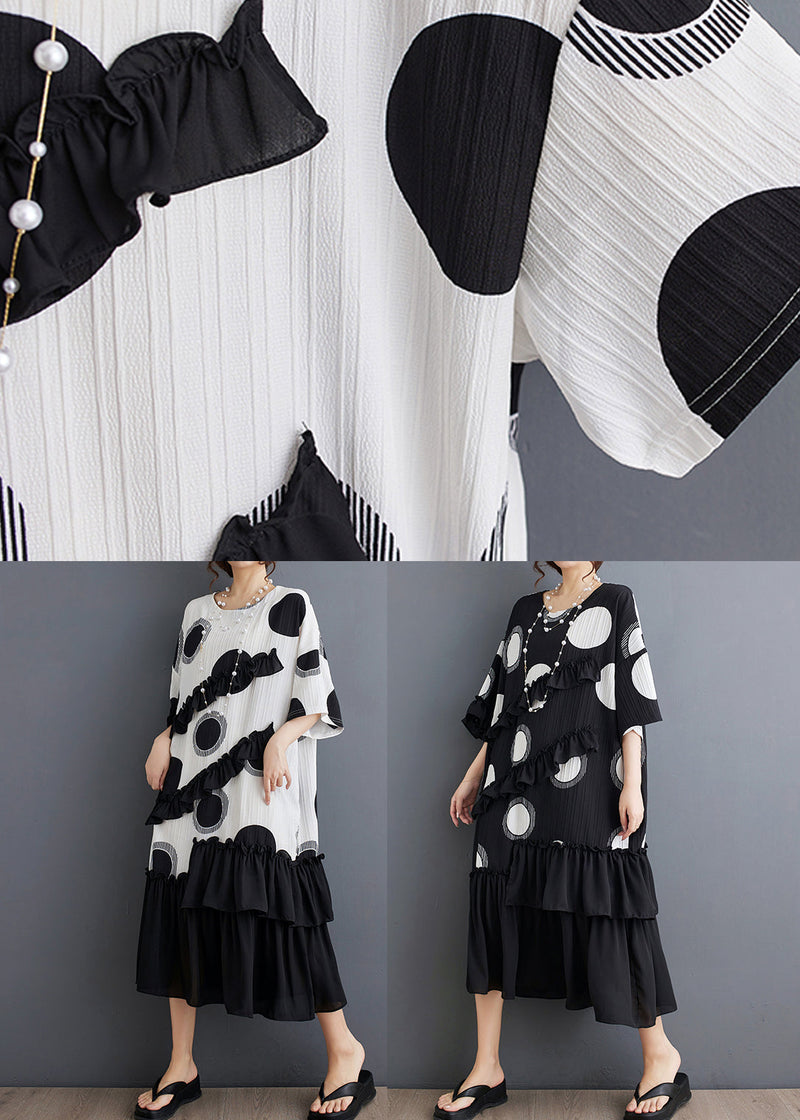 Black O Neck Ruffled Patchwork Chiffon Dress Summer