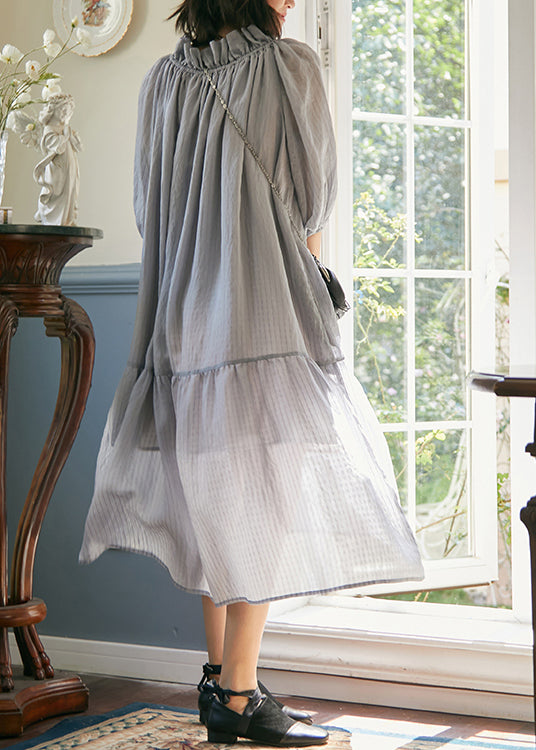 Grey Purple Ruffled Lace Up Patchwork Cotton Dress Summer