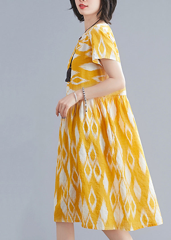 Yellow O-neck Wrinkled Print Cotton Beach Dresses Short Sleeve