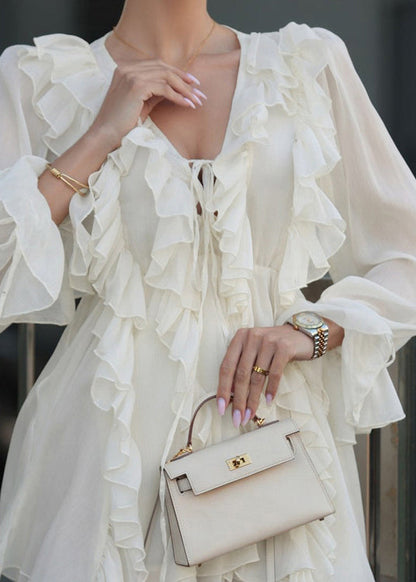 Boutique Apricot V Neck Ruffled Lace Up Chiffon Mini Dress Spring
