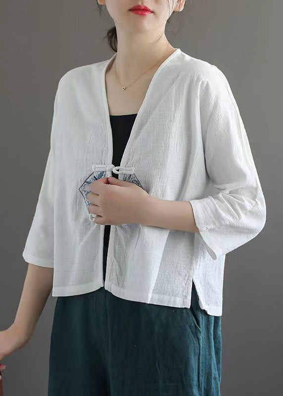 White Retro Embroidered Patchwork Summer Linen Blouse