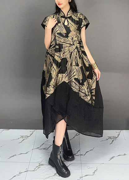 Gold Stand Collar Print Patchwork Cottondresses Summer