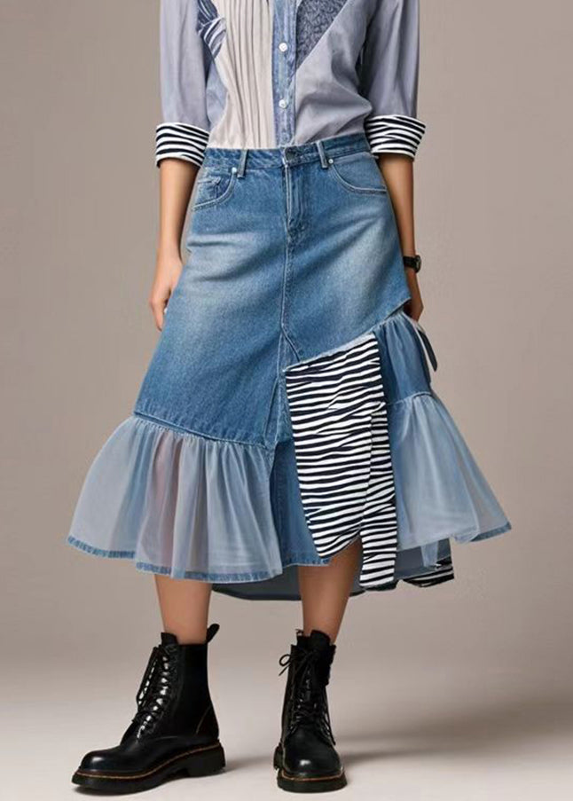 Blue Asymmetrical Patchwork Tulle Denim Skirts Spring