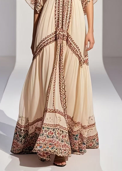Style Apricot Print Exra Large Hem Chiffon Vacation Dress Summer