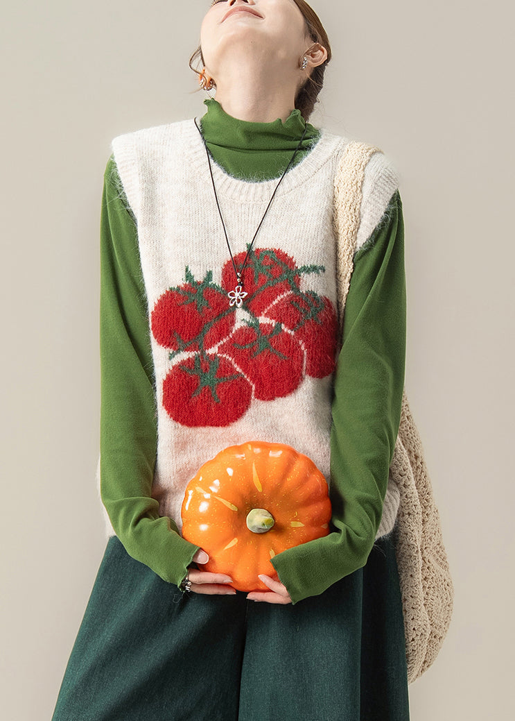 White Oversized Print Knit Vest Tops Winter