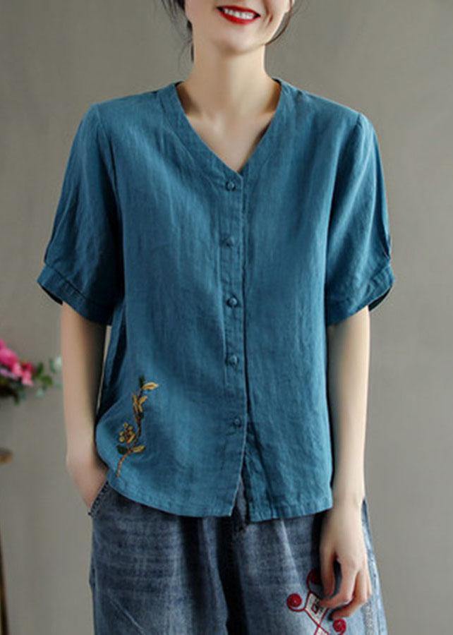 Loose Red-neckline Flowers V Neck Embroidered Summer Linen Shirt