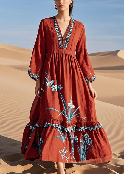 Diy Red Ruffled Print Cotton Maxi Dresses Fall