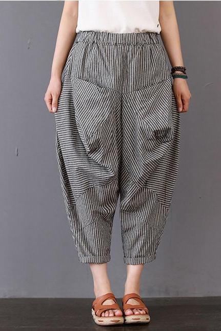 Loose Striped Cotton Linen Pants Trousers