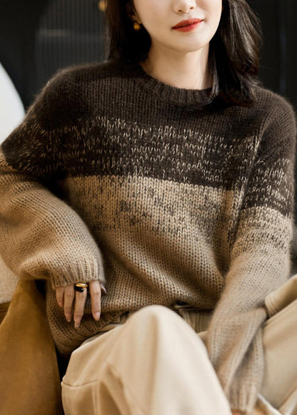Pink Gradient O Neck Thick Woolen Knit Pullover Winter
