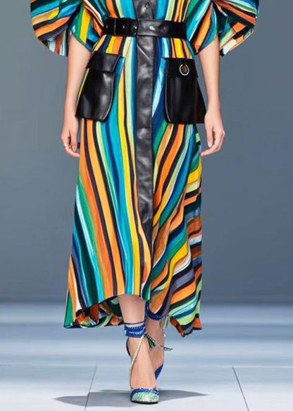 Rainbow Striped Patchwork Pockets Cotton Dress Puff Sleeve