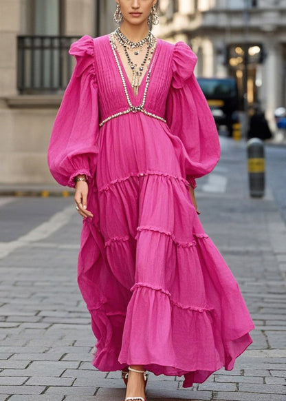 Rose Exra Large Hem Chain Linked Cotton Dresses Puff Sleeve
