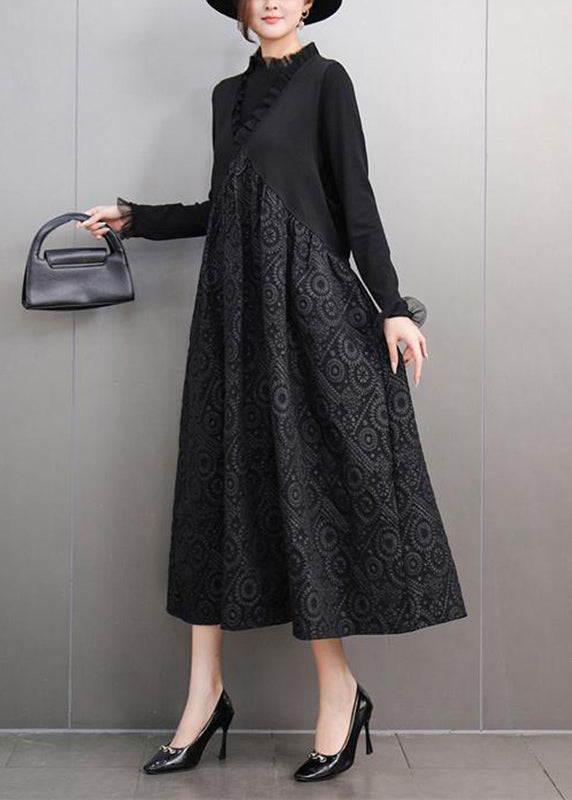 Stylish Black V Neck Print T Shirts and Long Dress Two Pieces Set Spring