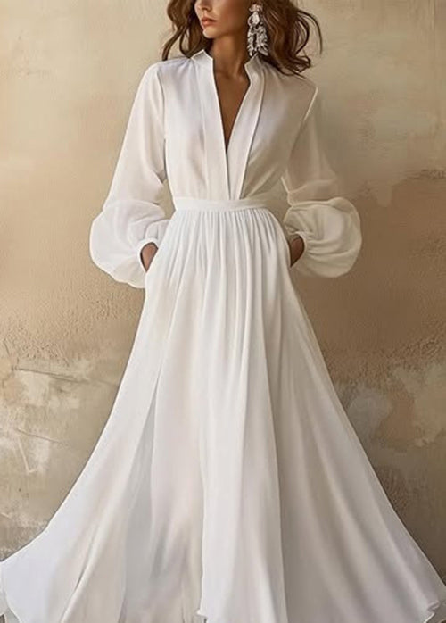 Boutique White V Neck Wrinkled Chiffon Maxi Dresses Fall