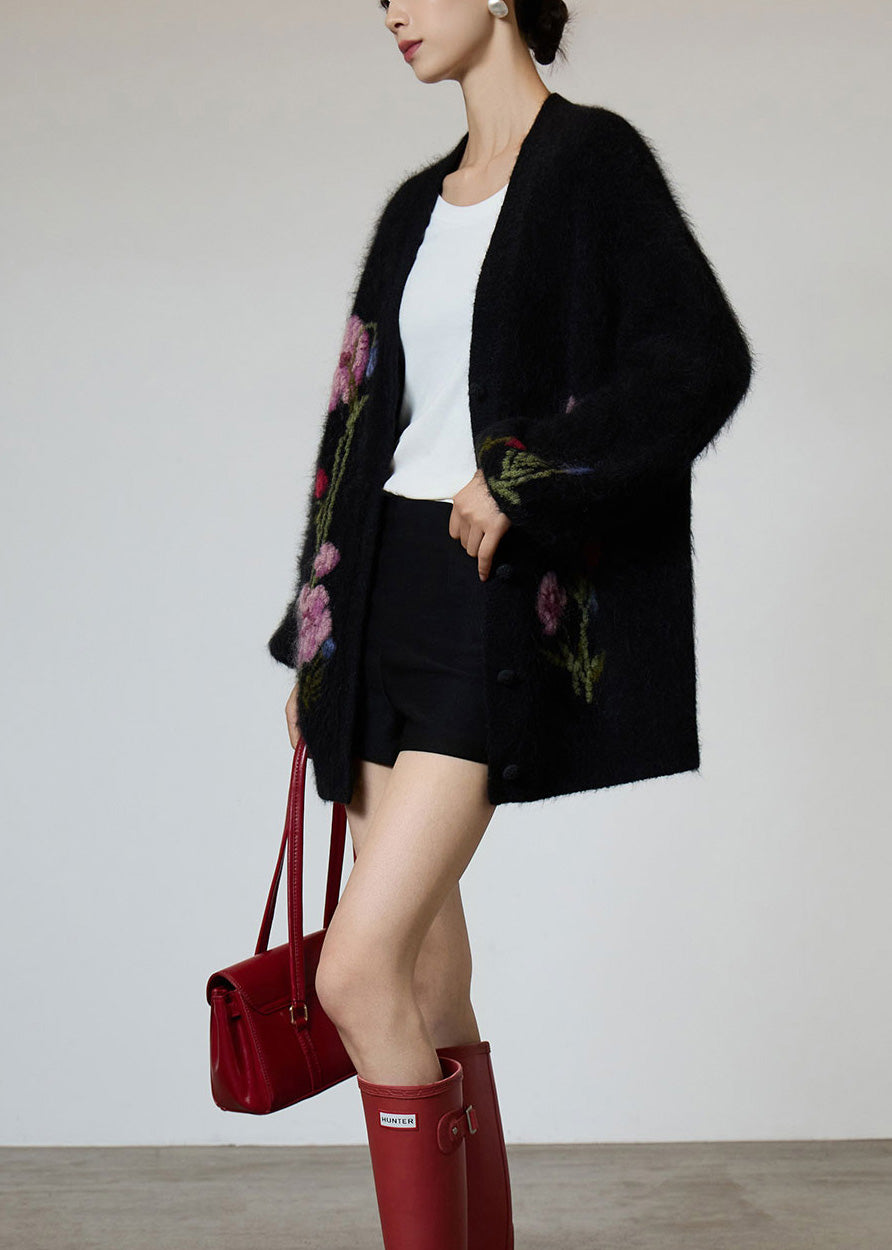 Black V Neck Embroidered Knit Coat Fall