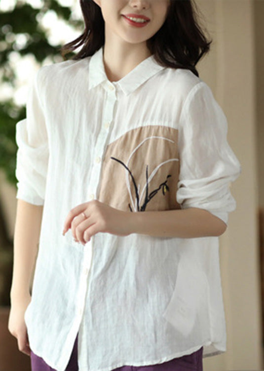 Handmade Peter Pan Collar Embroidered Button Ramie Shirts Long Sleeve