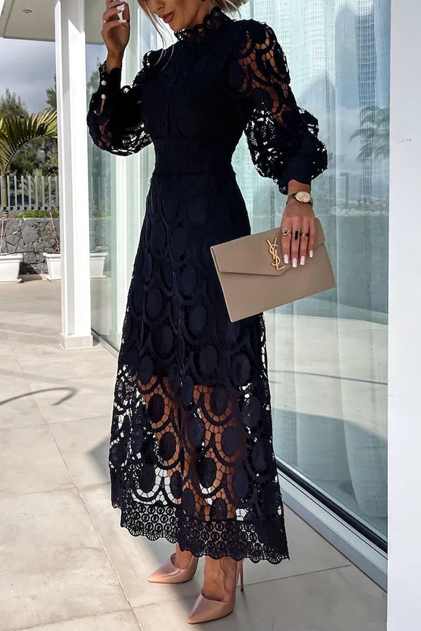 Romantic, Sensual and Crochet Lace Lantern Sleeve Party Midi Dress