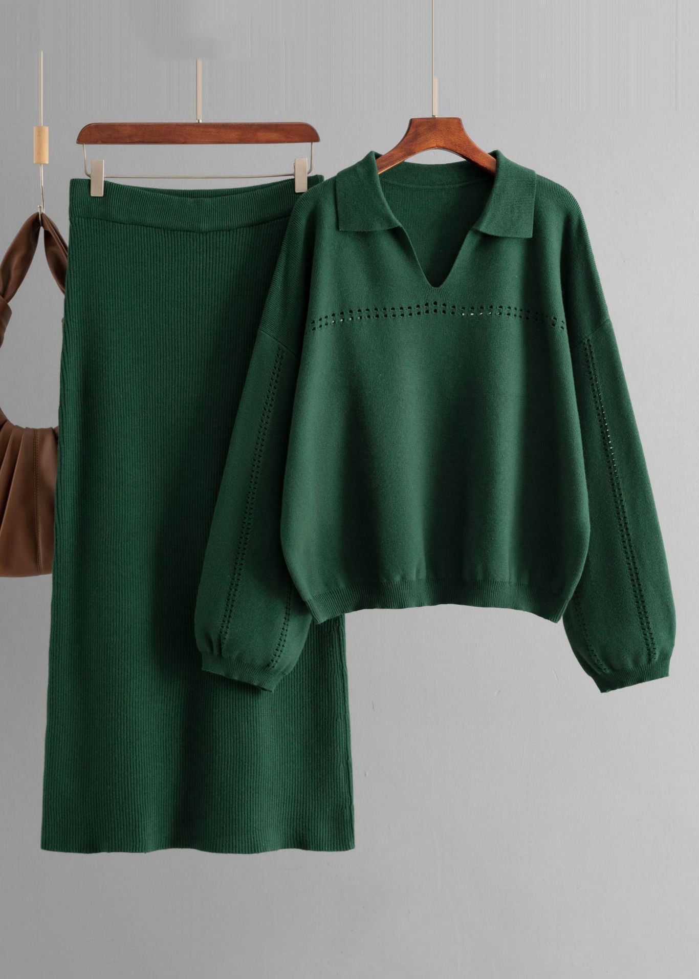 New Brown Hollow Out Tops and Skirts Knit Two Pieces Set Spring