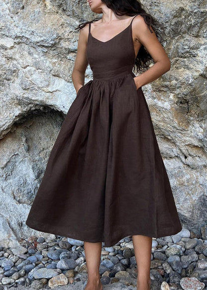 French Khaki Lace Up Wrinkled Patchwork Cotton Vacation Dresses Summer