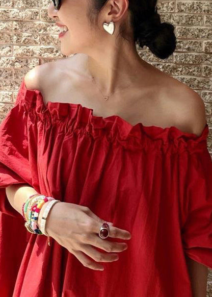 Simple Red Slash Neck Ruffled Cotton Long Dresses Summer