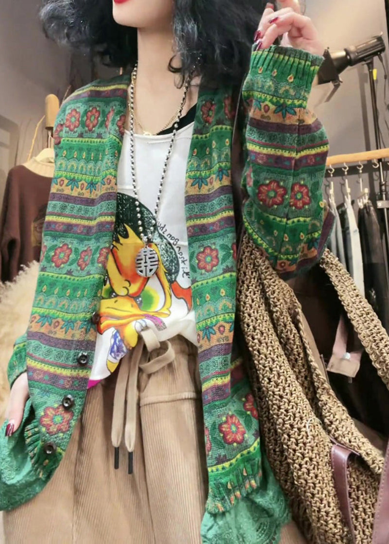 Green V Neck Cozy Knit Cardigan Fall