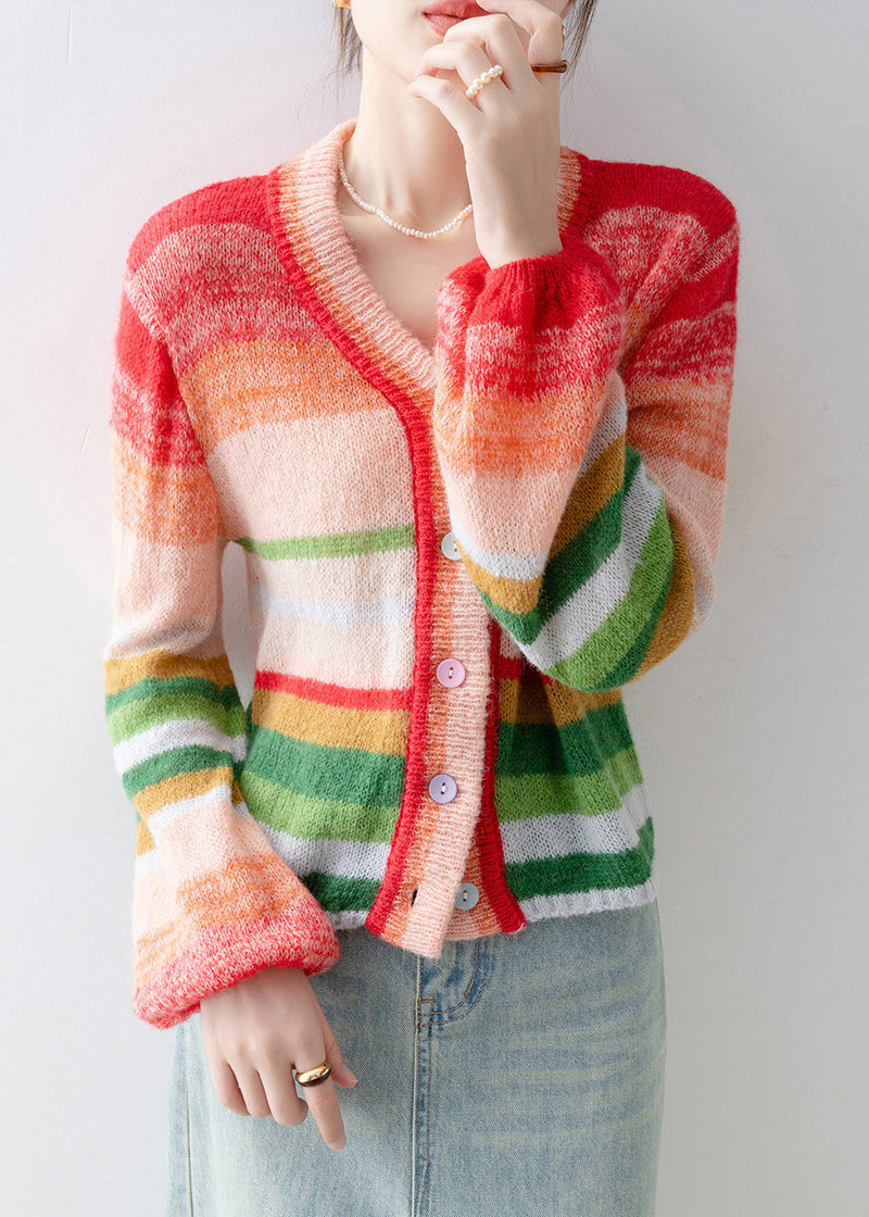 New V Neck Striped Button Knit Cardigans Spring