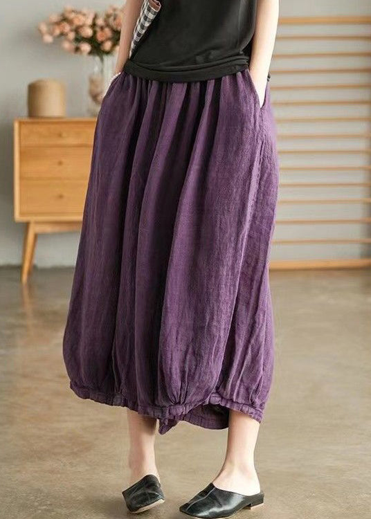 Purple Pockets Elastic Waist Linen Crop Pants Summer