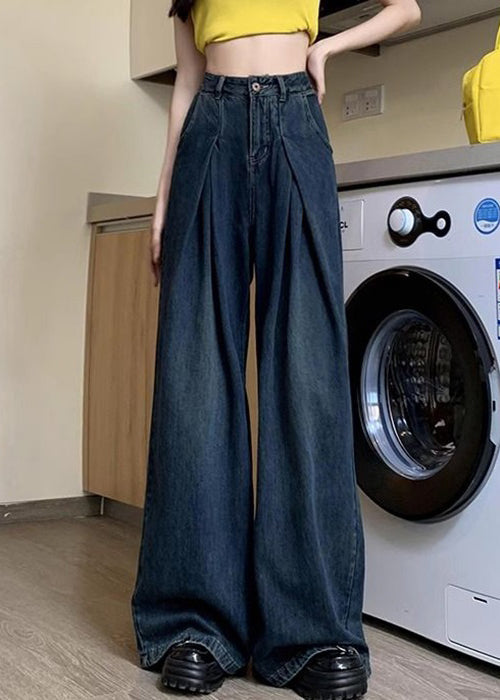 Denim Blue Button Pockets Denim Wide Leg Pants Summer