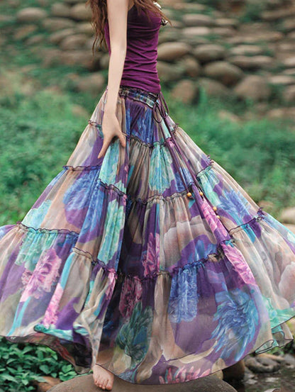 Print Drawstring Wrinkled Cotton Big Swing Maxi Skirt