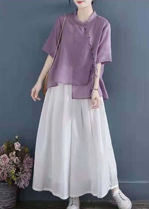 Purple Patchwork Shirt Top Chinese Style Button Half Sleeve