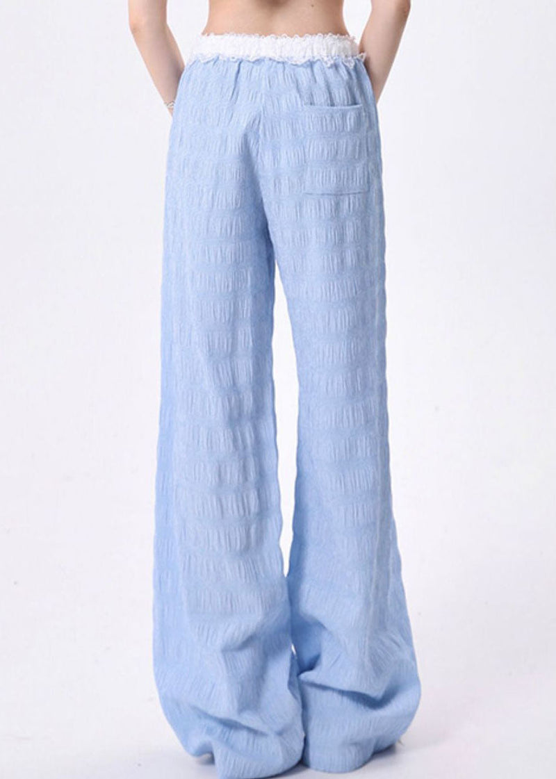 Blue Pockets Lace Patchwork Cotton Pants Spring