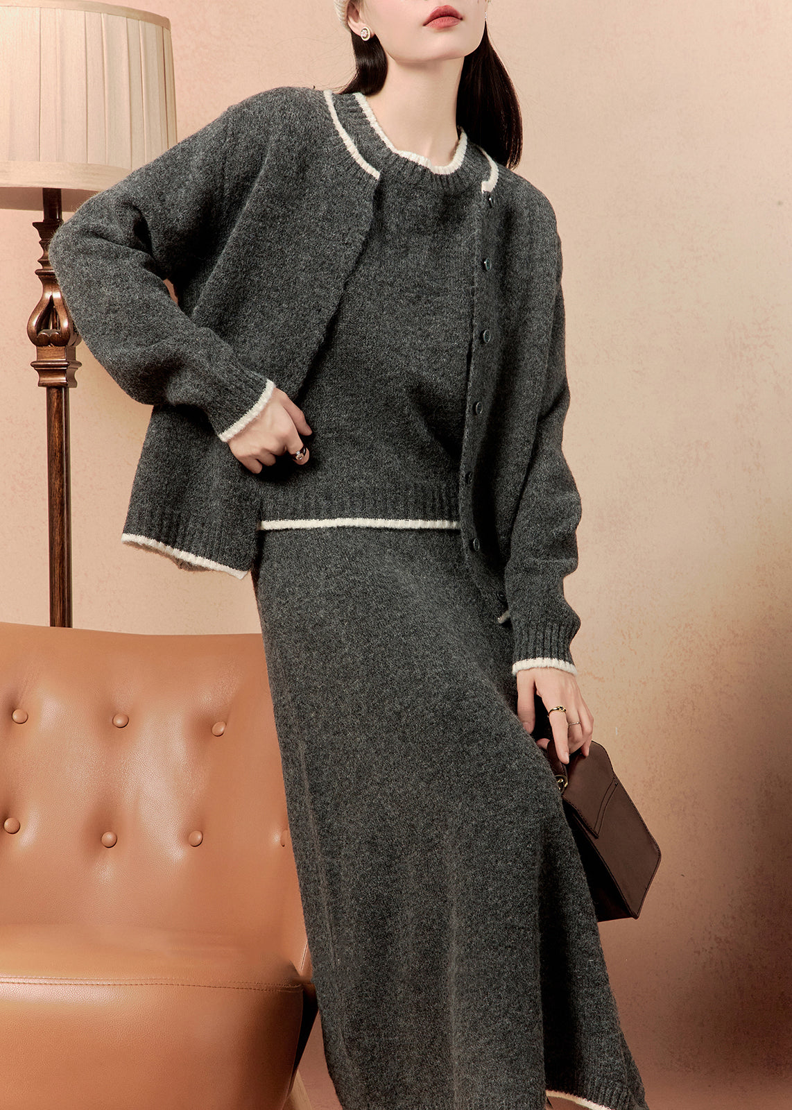 Dark Gray O Neck Button Knit Three Pieces Set Winter